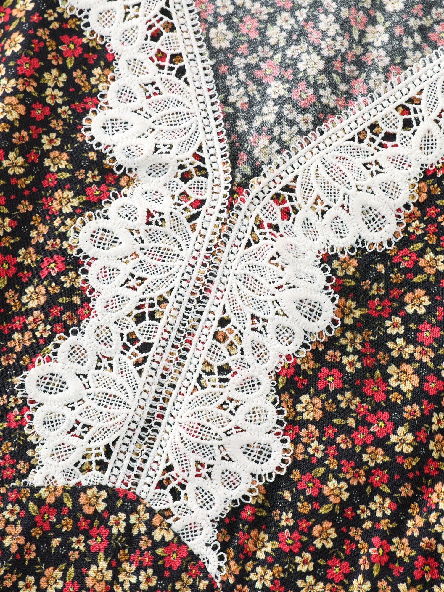 Micro-Floral Print Lace Trim Midi Dress