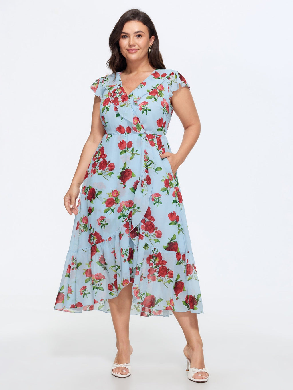 Floral Print Ruffled Neckline Flowy Midi Dress