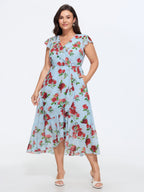Floral Print Ruffled Neckline Flowy Midi Dress