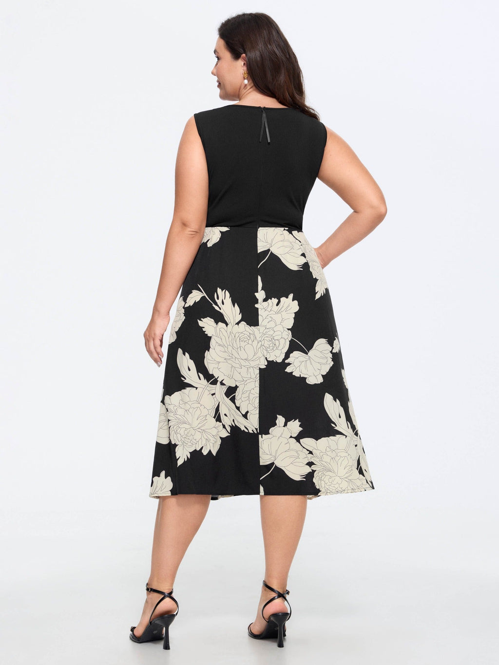 Floral Print Color Contrast Sleeveless Midi Dress