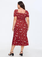 Floral Print Shirred Ruffled Midi Dress