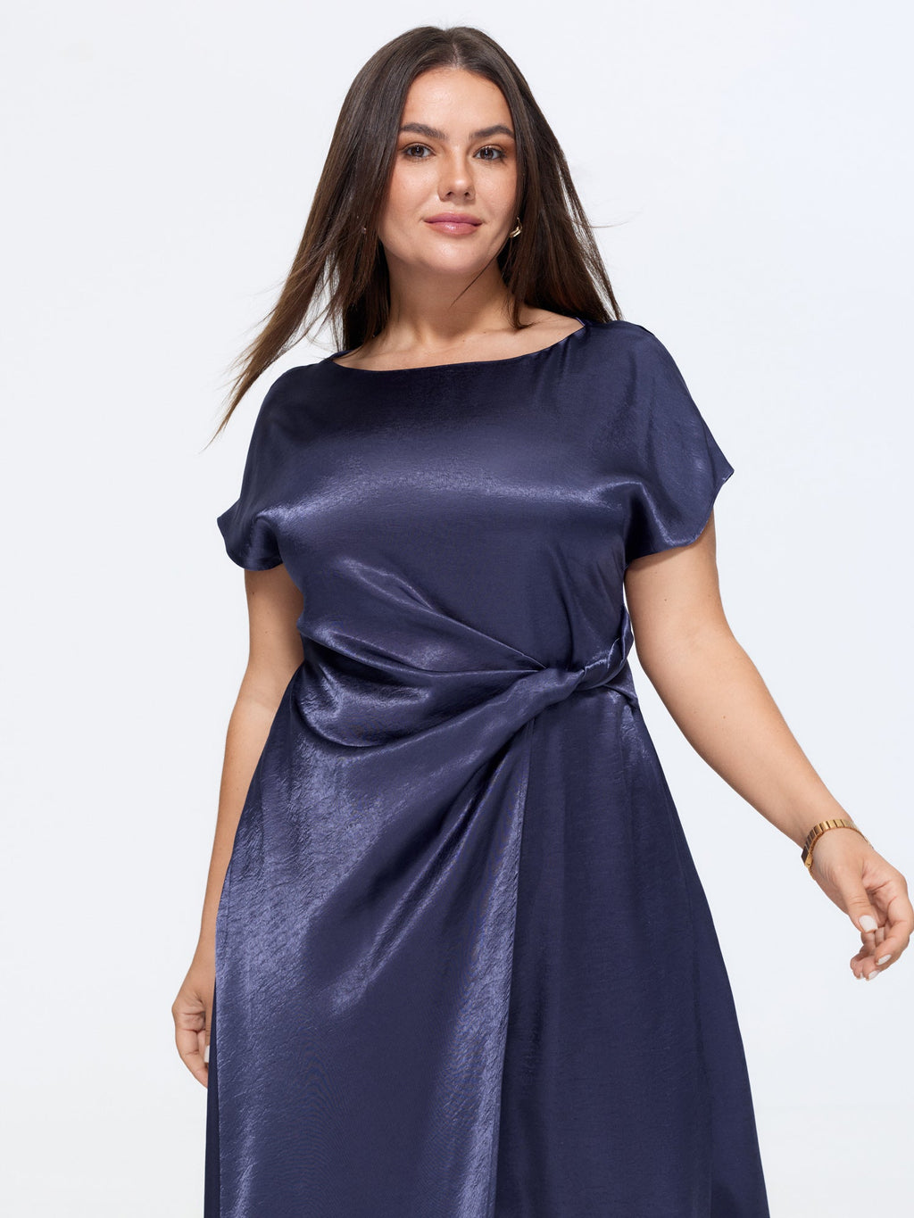 Sleek Satin Draped Waist Midi Dress