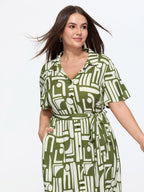 Geometric Print Pockets Collared Midi Dress