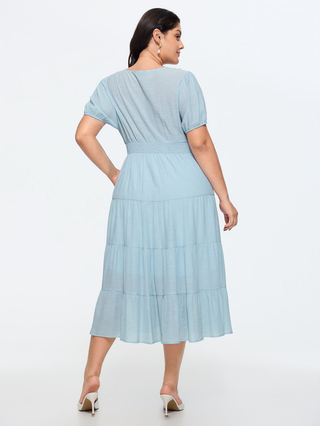 Shirred Waist Tiered Flowy Midi Dress