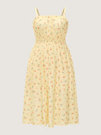 Micro Floral Print Shirred Midi Dress